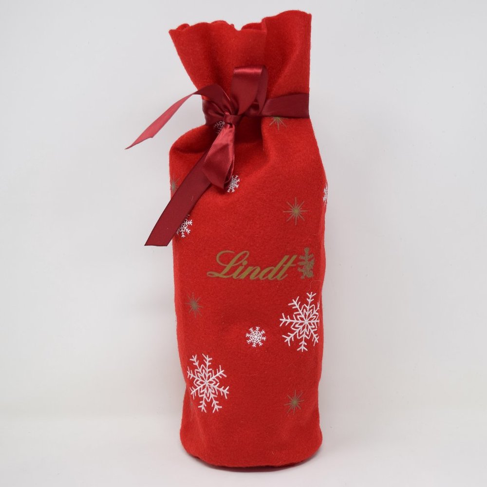 Lindt Holiday Felt Gift Bag Empty Christmas Snowflakes Stars Ribbon Red Wrap